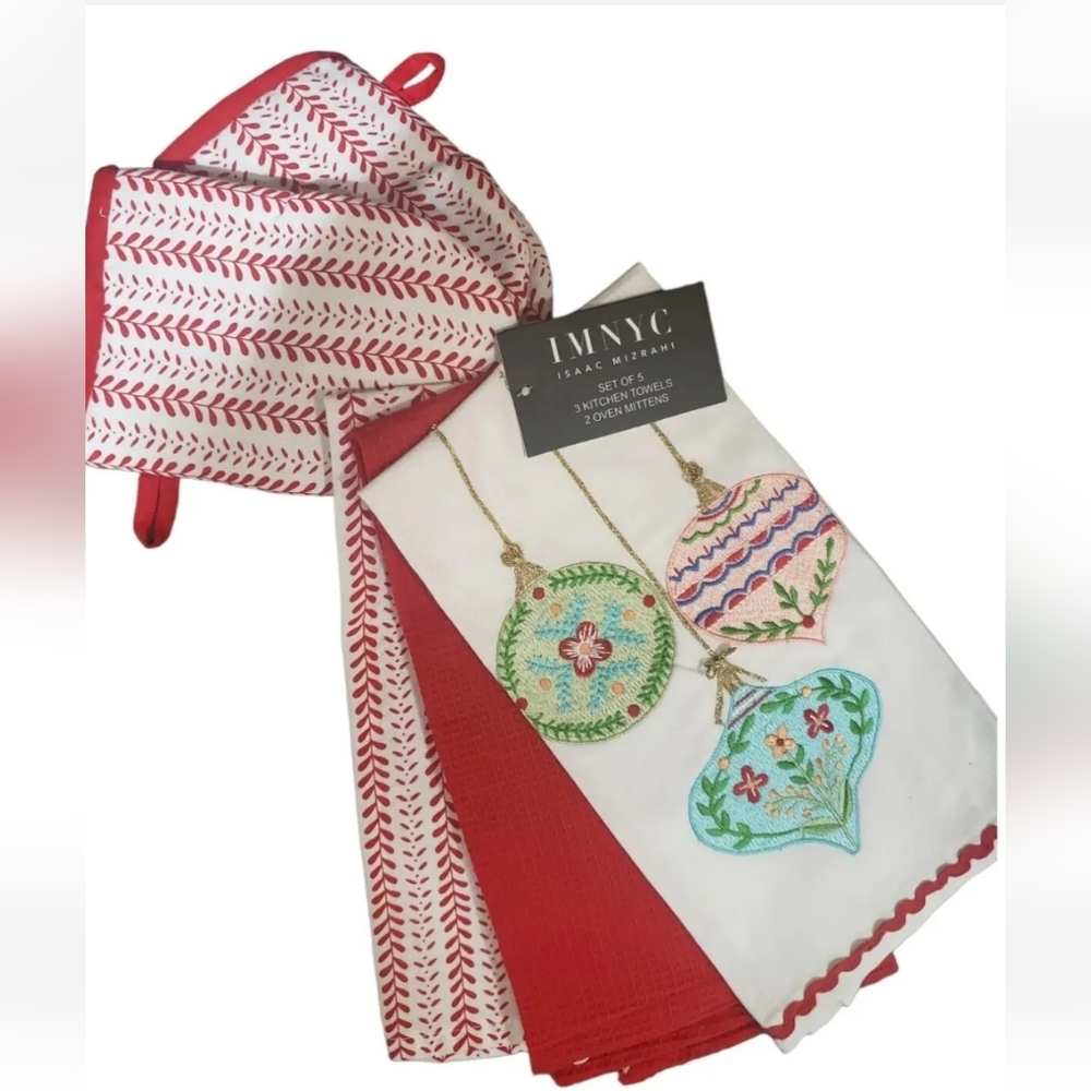 5pc Max Studio Christmas Ornaments Design Kitchen Towels Set New
